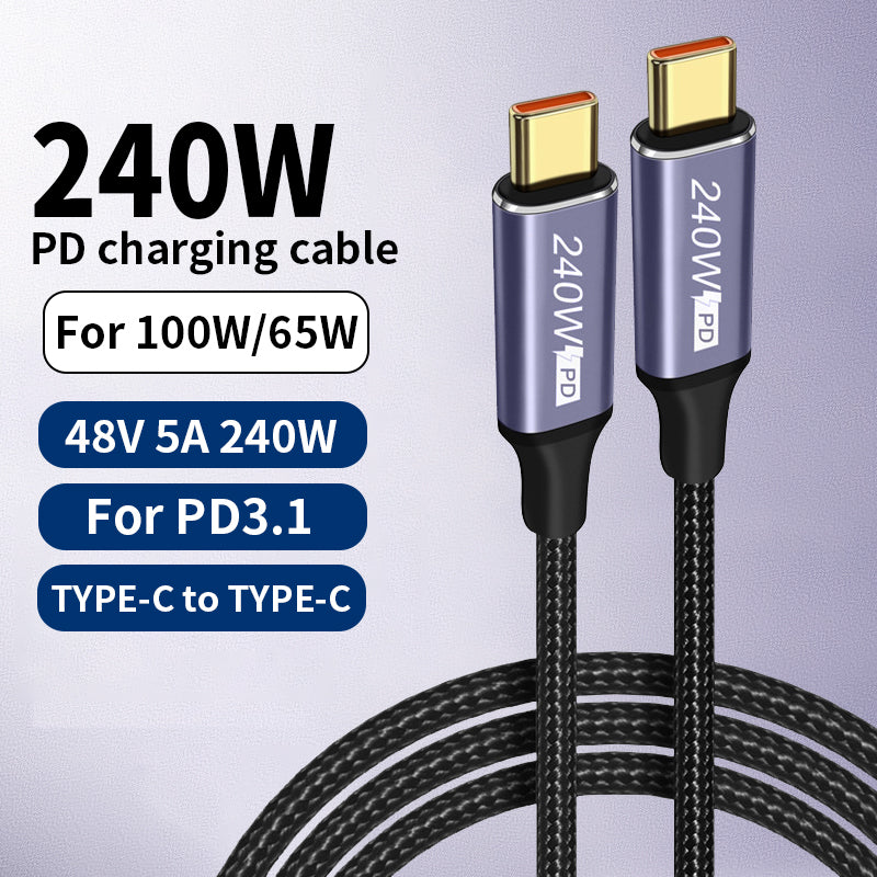 Braided 100W USB‑C fast charging cable for laptops and phones.