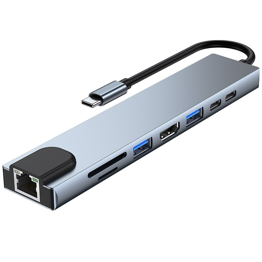 Compact 8‑in‑1 USB‑C hub with 4K HDMI, card readers and USB‑A ports.